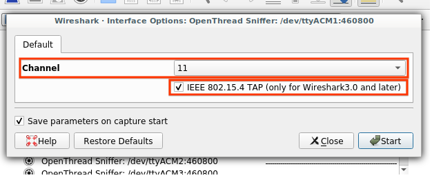 Opções de Extcap do Wireshark do OT Sniffer