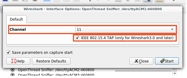 ตัวเลือก OT Sniffer Wireshark Extcap