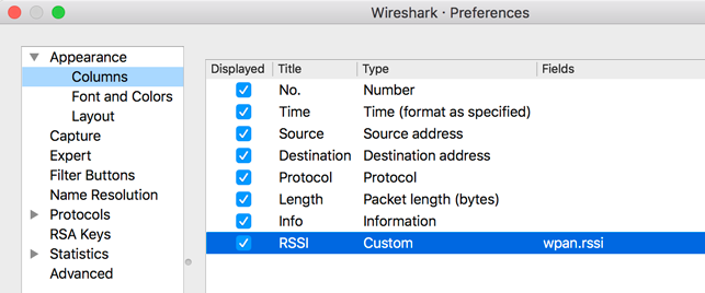 RSSI di Wireshark per sniffer OT