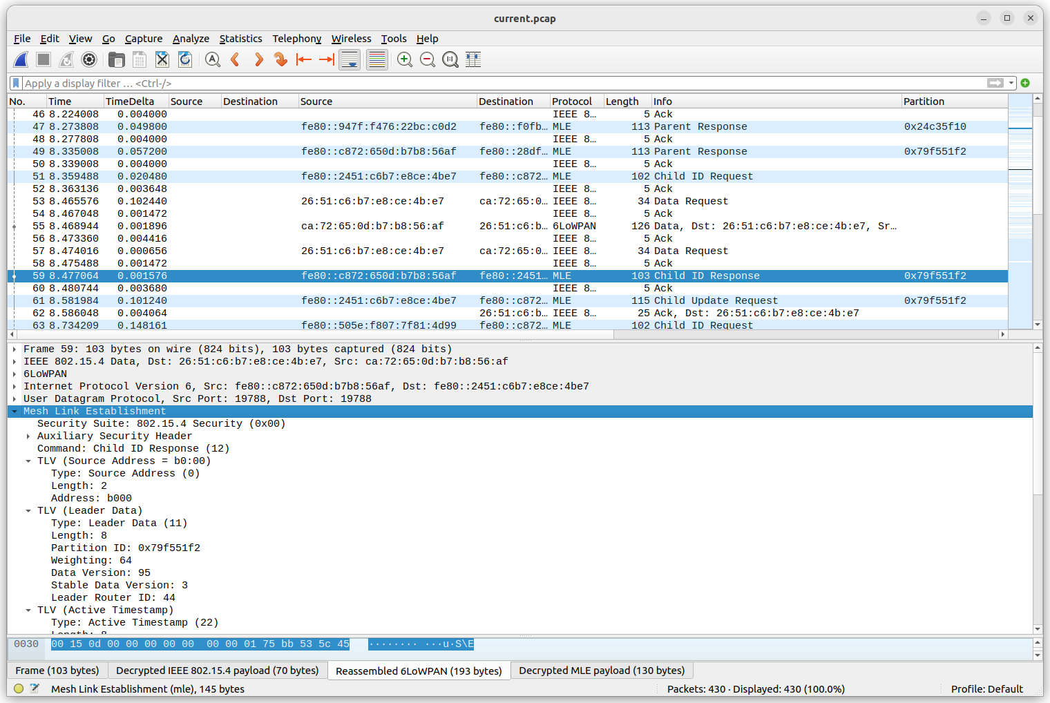 Screenshot dell'analisi dei pacchetti OpenThread in Wireshark